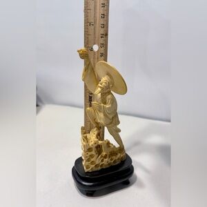 Vintage Carved Figurine Of An East Asian Fisherman With Dog Aged Patina Resin